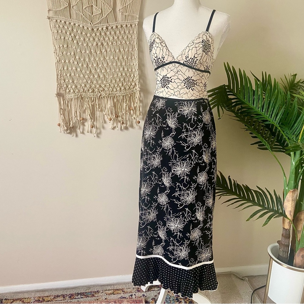 Notations Black & White Floral Midi/Maxi Skirt with Polka Dot Ruffled Trim